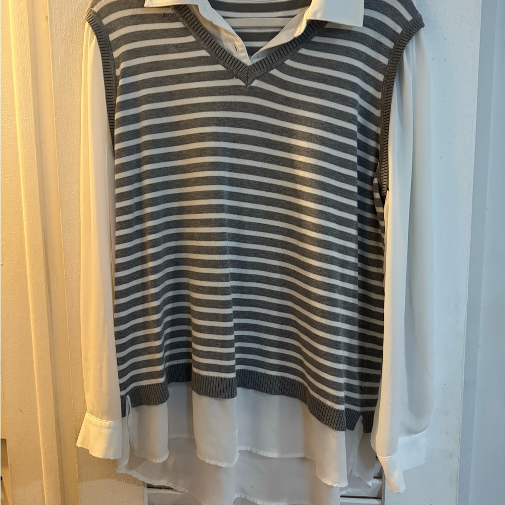Adrianna Papell Gray and White Striped Blouse